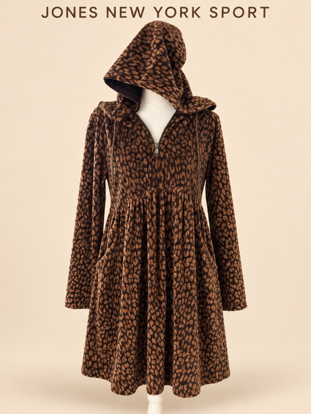 Jones New York Brown Leopard Print Hooded Long Sleeve Dress